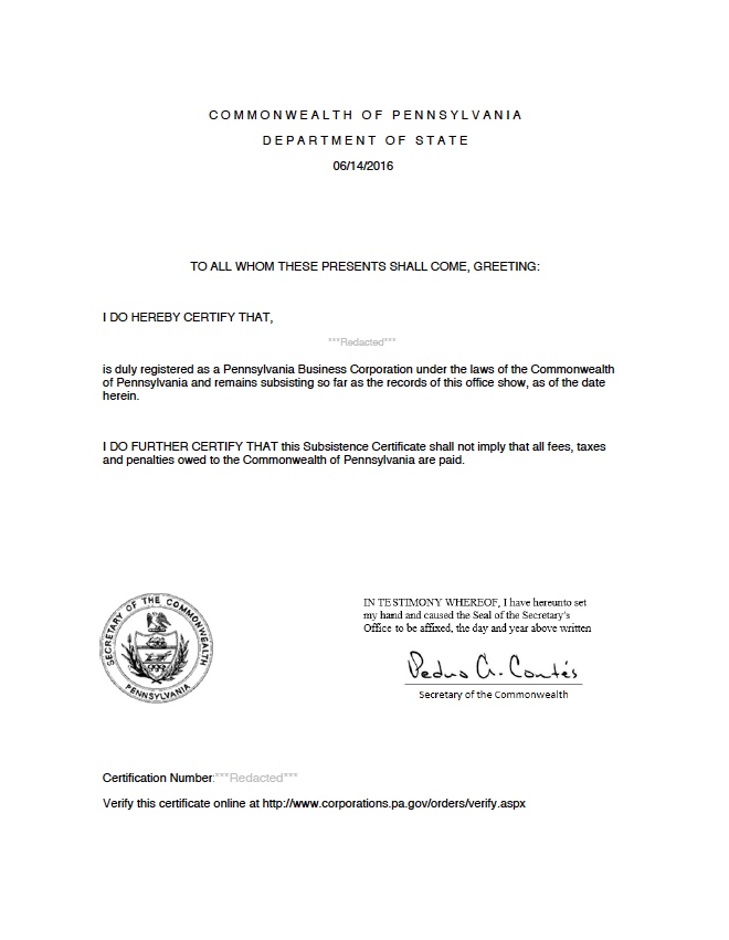 Pennsylvania certificate of good standing, Pennsylvania certificate of existence, Pennsylvania certificate of status, Pennsylvania 