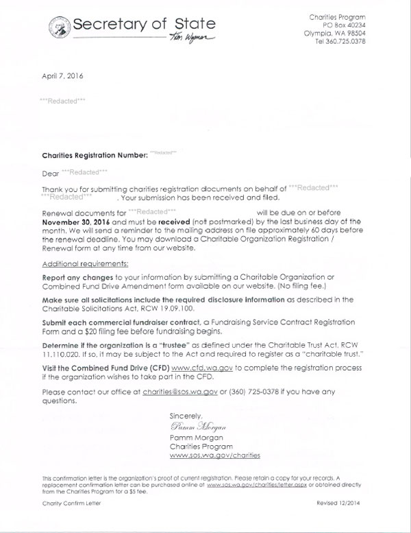 Washington charitable solicitation license, Washington fundraising license