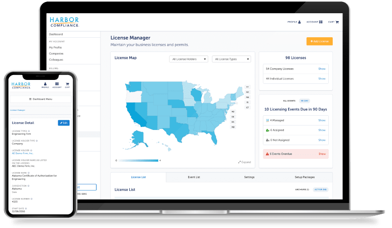 A preview of our compliance software used in both a laptop and phone